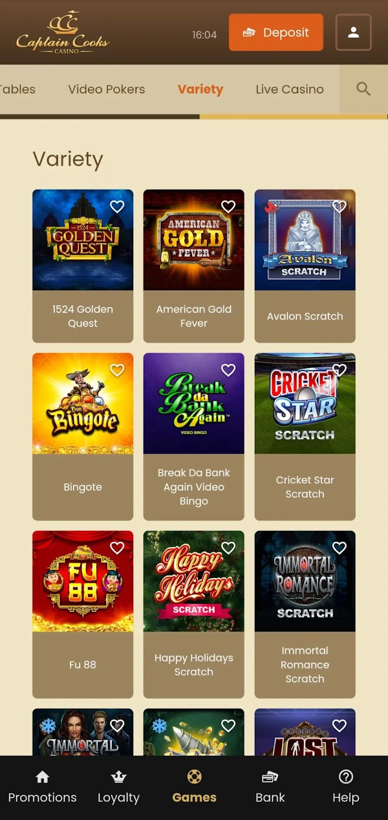 Captain Cooks Casino: screenshot of the casino site