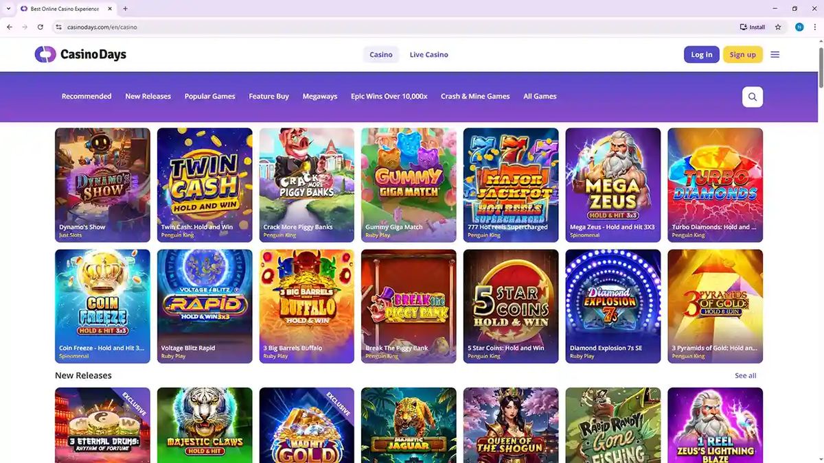 Casino Days: screenshot of the casino site