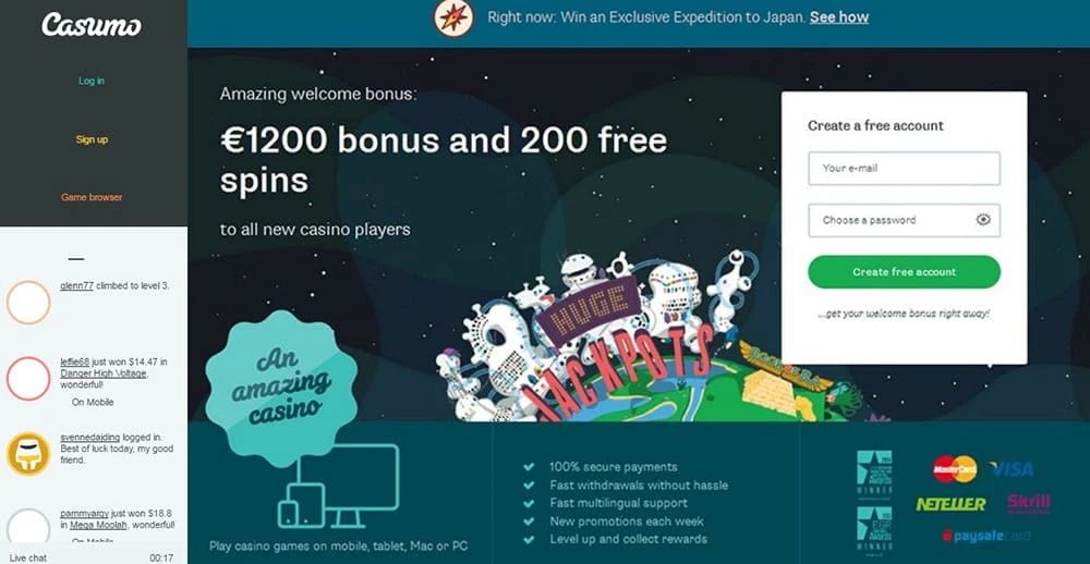 Casumo: screenshot of the casino site