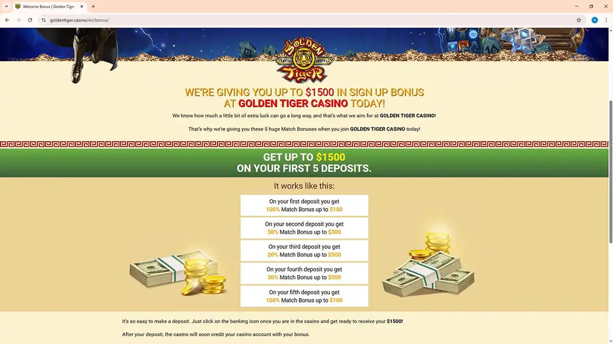 Golden Tiger Casino: screenshot of the casino site