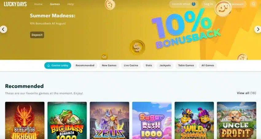 LuckyDays Casino: screenshot of the casino site