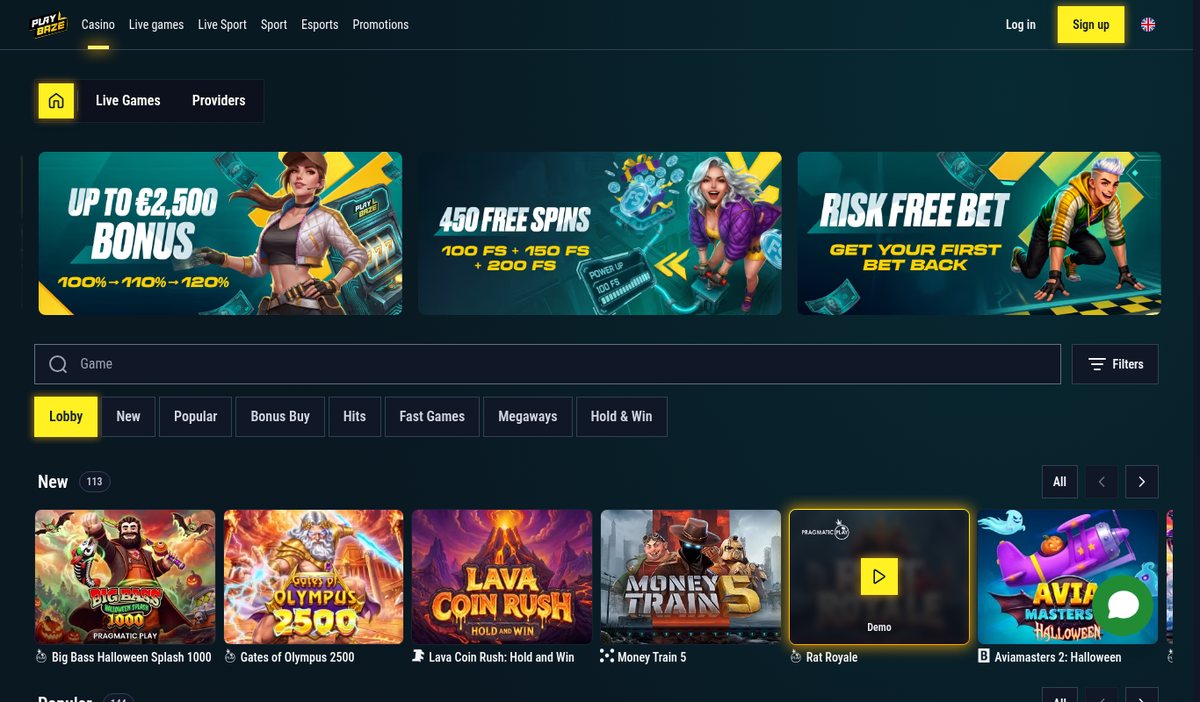 Playbaze casino lobby with the welcome bonus banners and new slots