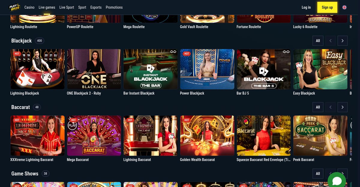 Playbaze live casino with blackjack and baccarat dealer tables
