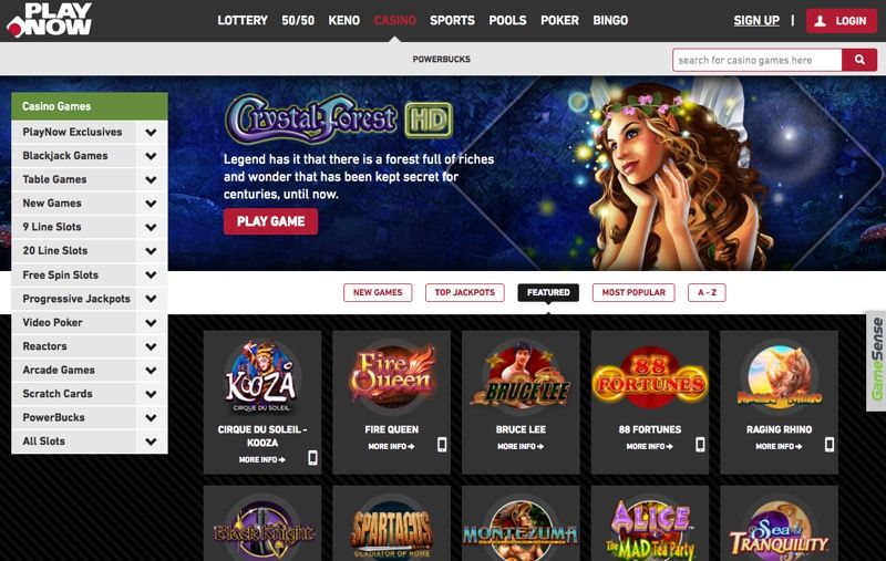 PlayNow: screenshot of the casino site