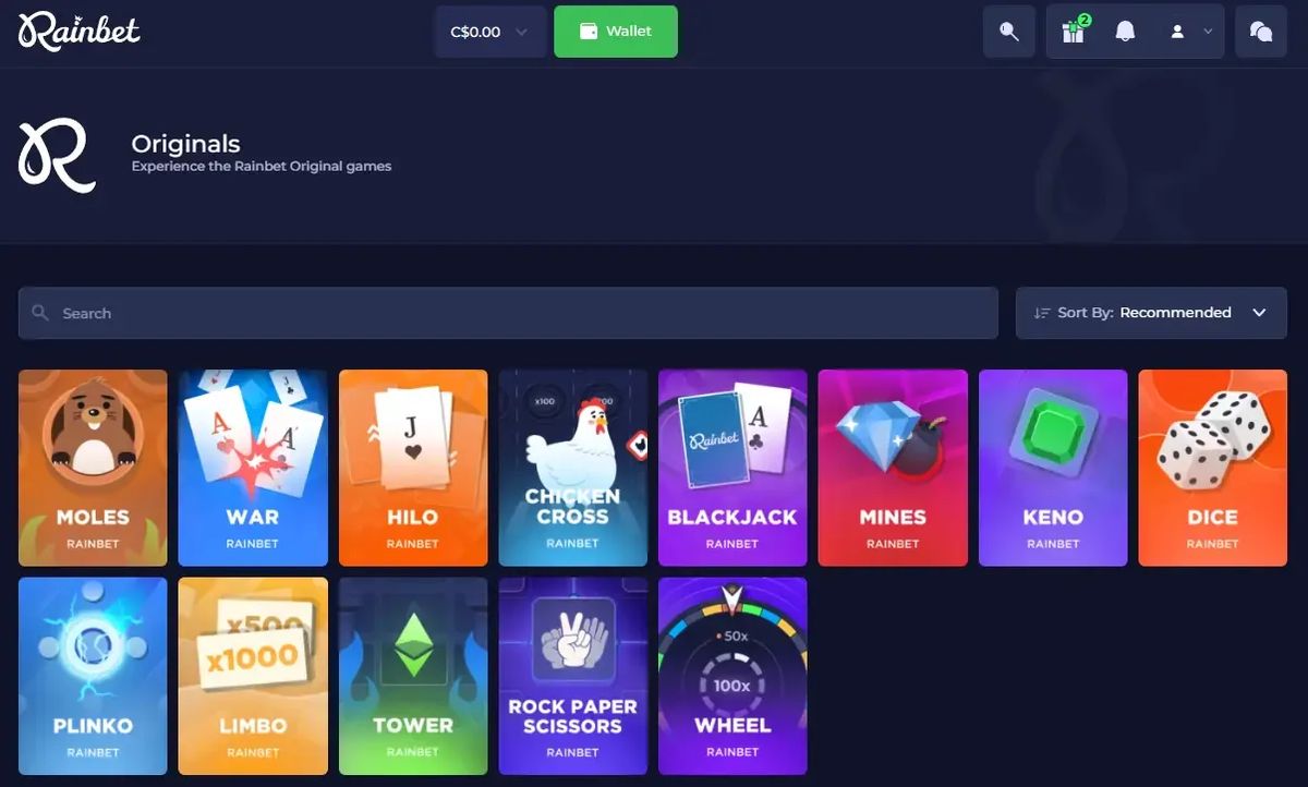 Rainbet: screenshot of the casino site