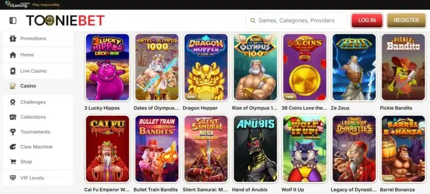 TooniBet: screenshot of the casino site