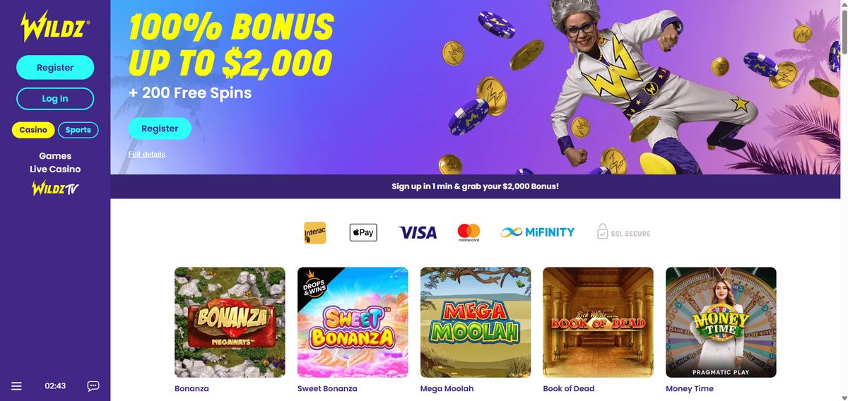 Wildz Casino: screenshot of the casino site