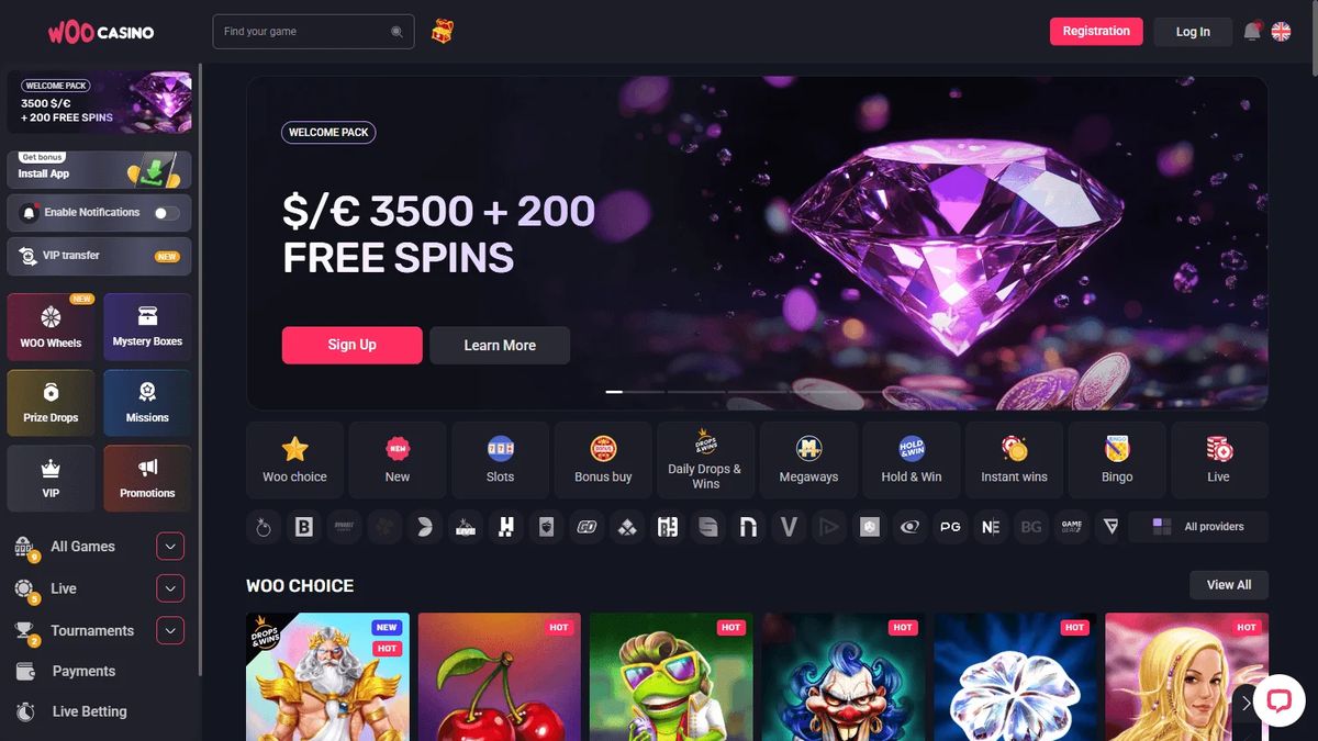 Woo Casino: screenshot of the casino site