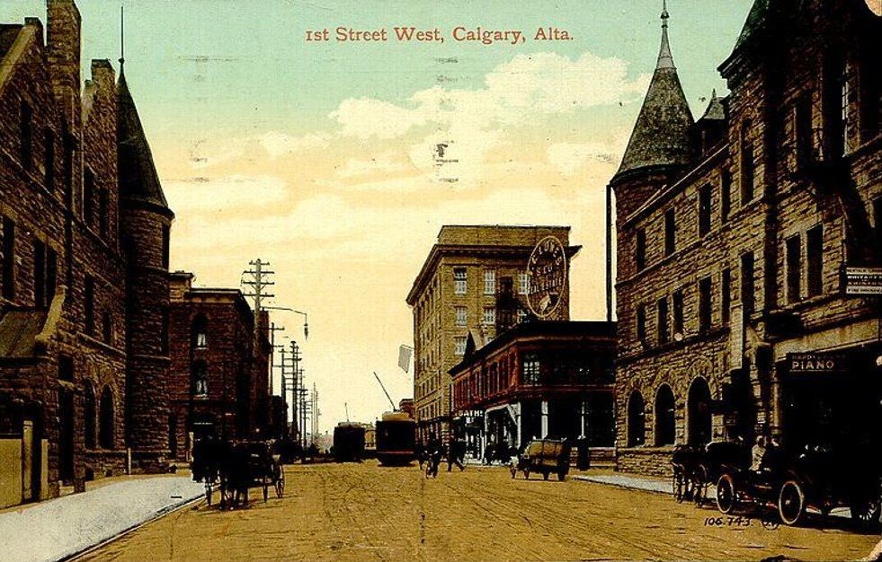 Postcard of 1st Street West, Calgary, Alberta, Canada. Postmarked May 8, 1913.