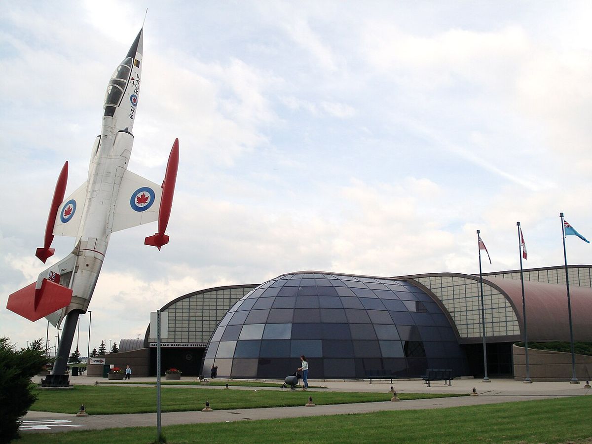 Canadian Warplane Heritage Museum exterior. CF-104 Starfighter The aircraft placed as a monument in front of the museum building is the two-