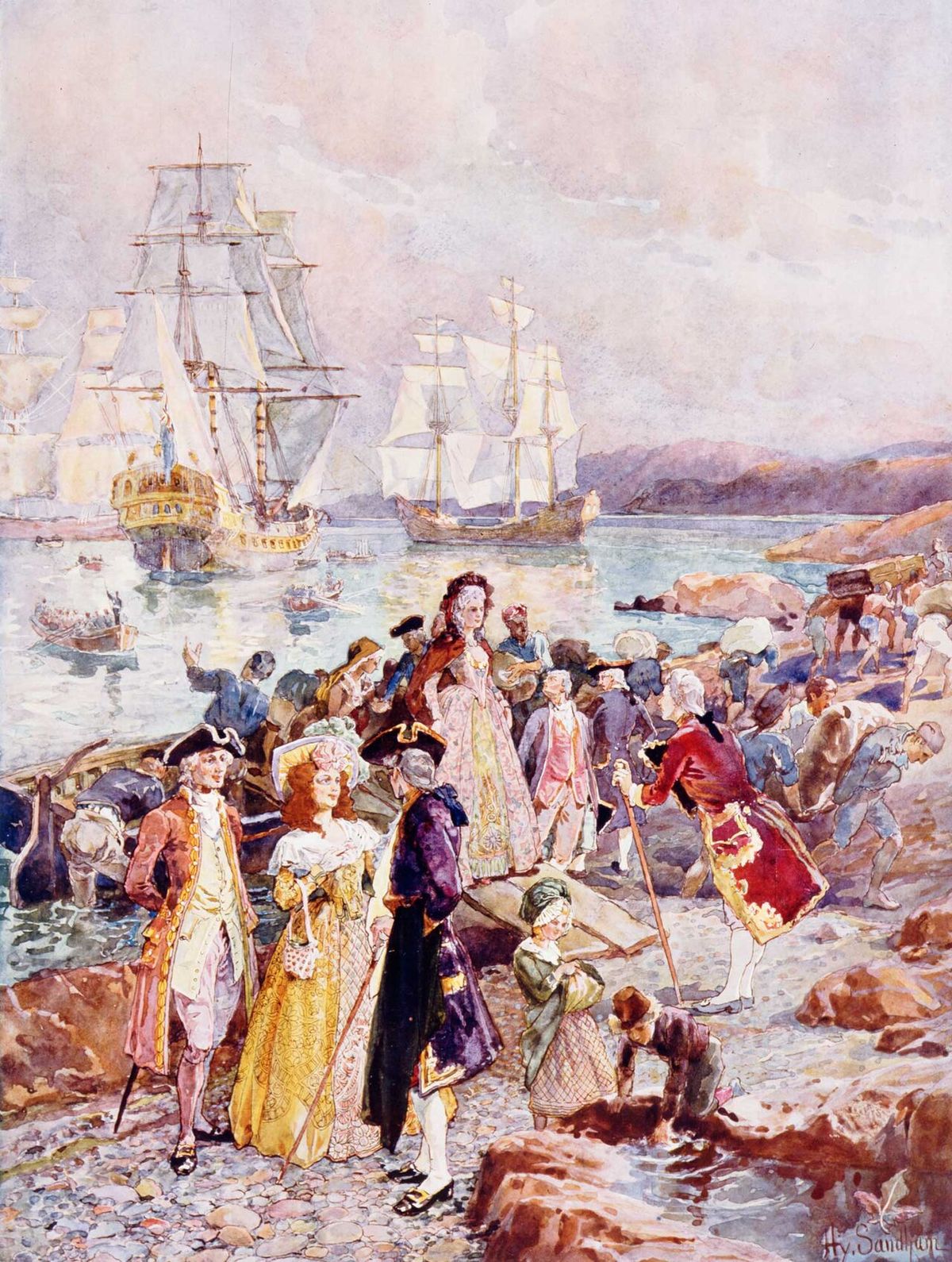 Painting shows romanticised view of United Empire Loyalists arriving in New Brunswick, ca. 1783