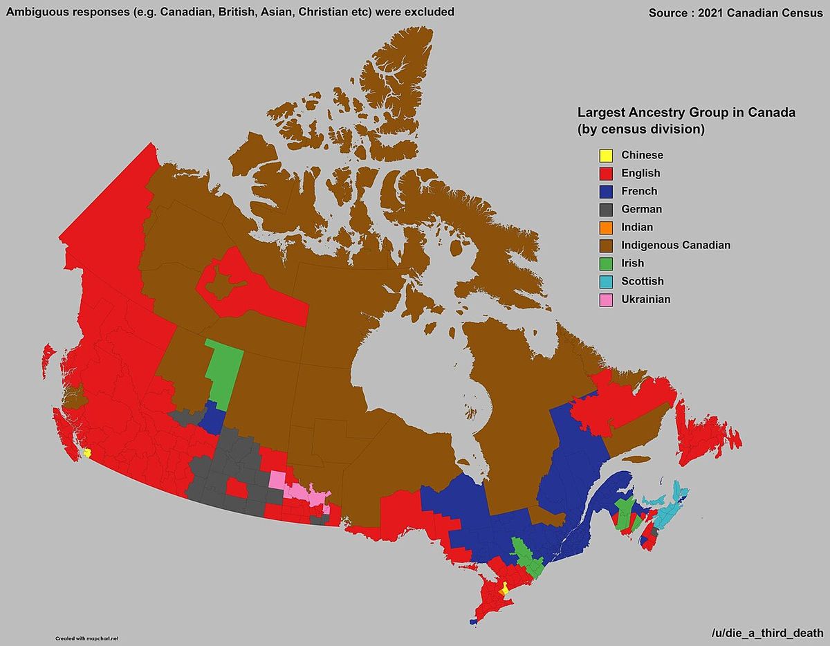 Population distribution of largest self reported ethnic and cultural origins in Canada by census division, 2021 census