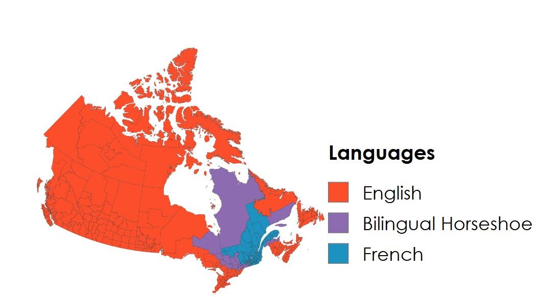 Language map of Canada, showing use of English, French and the bilingual belt