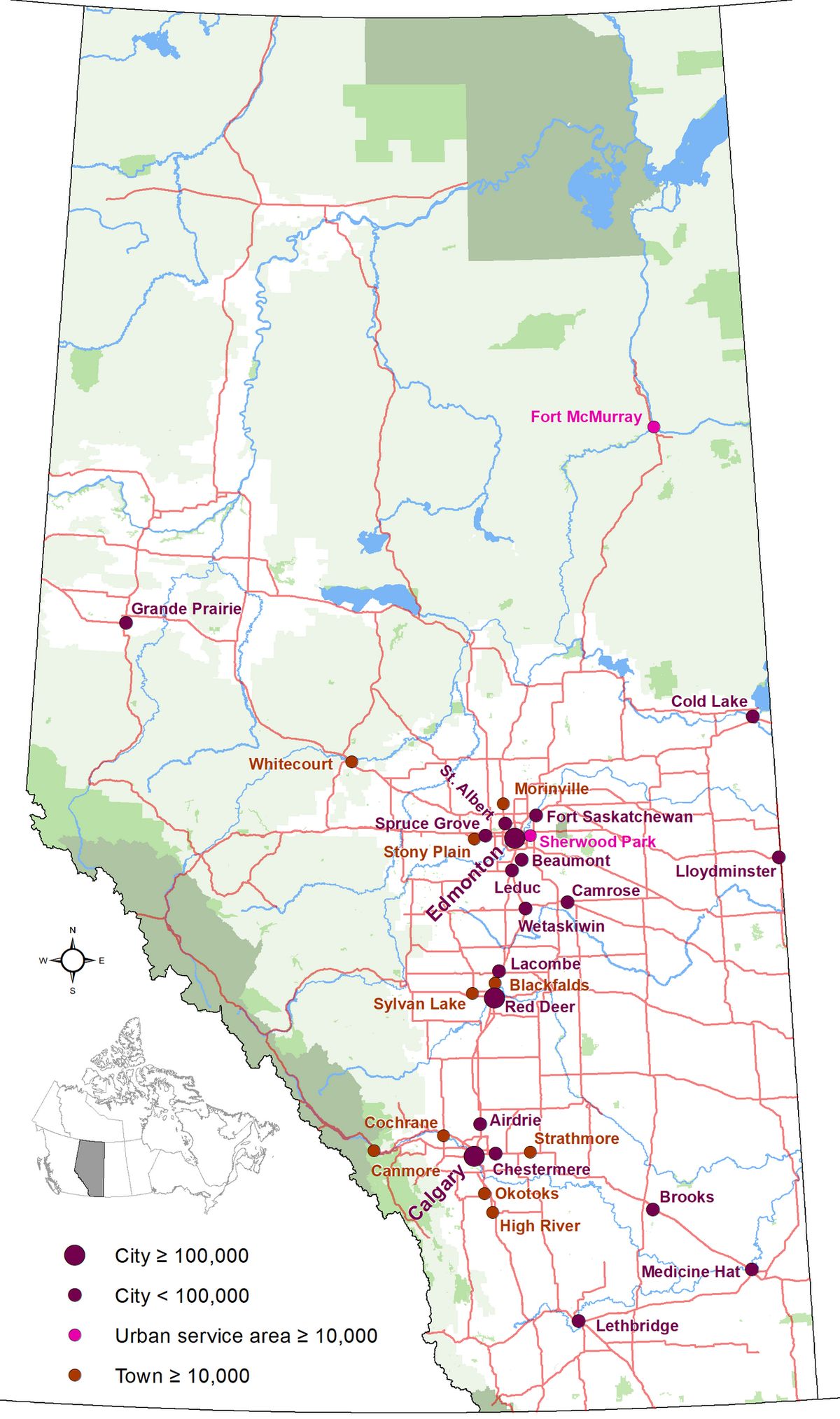 Map showing locations of Alberta 19 cities and city-equivalents (Fort McMurray and Sherwood Park urban service areas and towns with populati