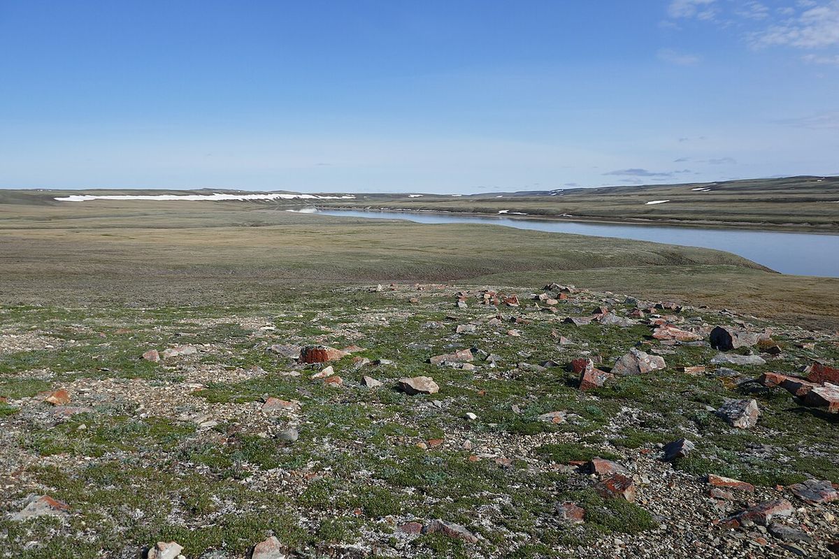 Ancient peoples travelled along the Thomsen River. They used stones to hold down the bottom of their hide tents. These stones can still be s