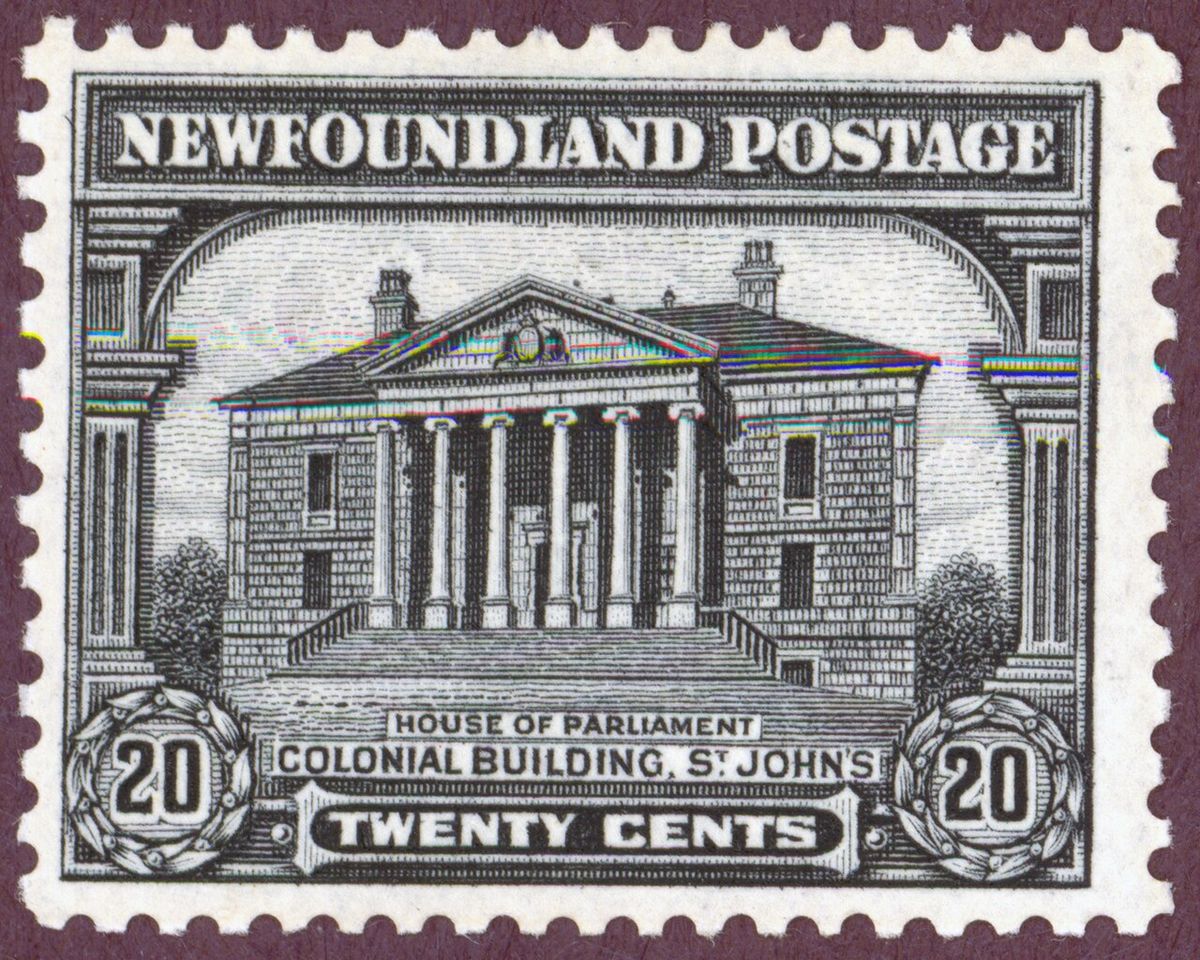 1928 postage stamp of Newfoundland showing the Colonial Building of St John's.