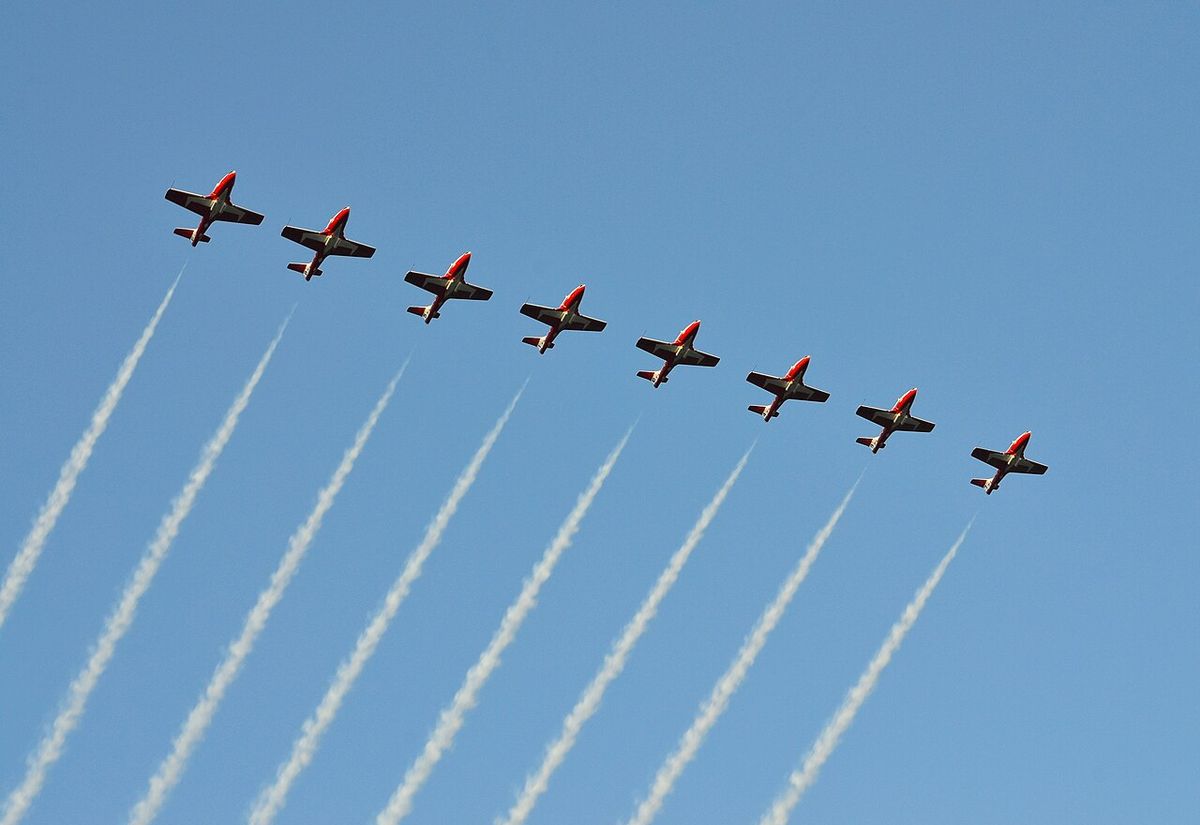 Snowbirds aerobatics squadron of the Royal Canadian Air Force in a formation during a air show in Quebec City in 2012