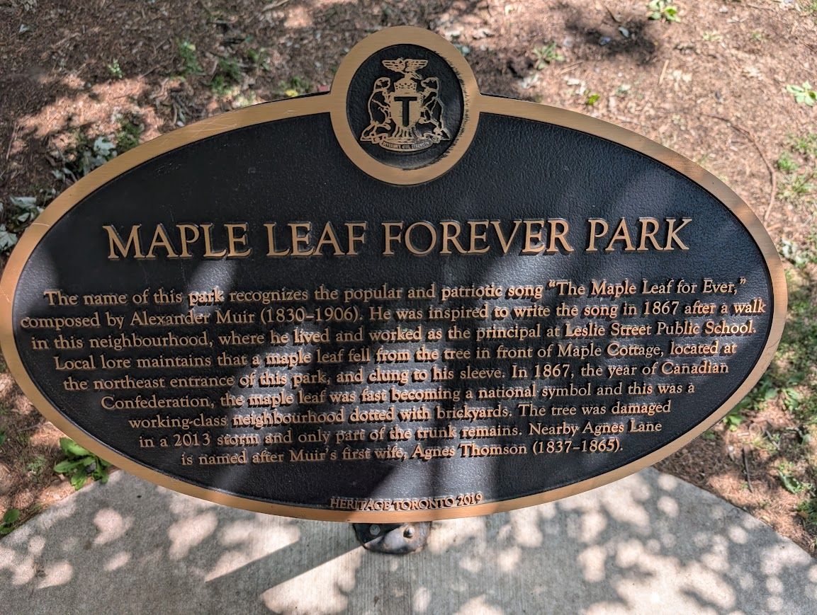 Plaque about Alexander Muir in Maple Leaf Forever Park
