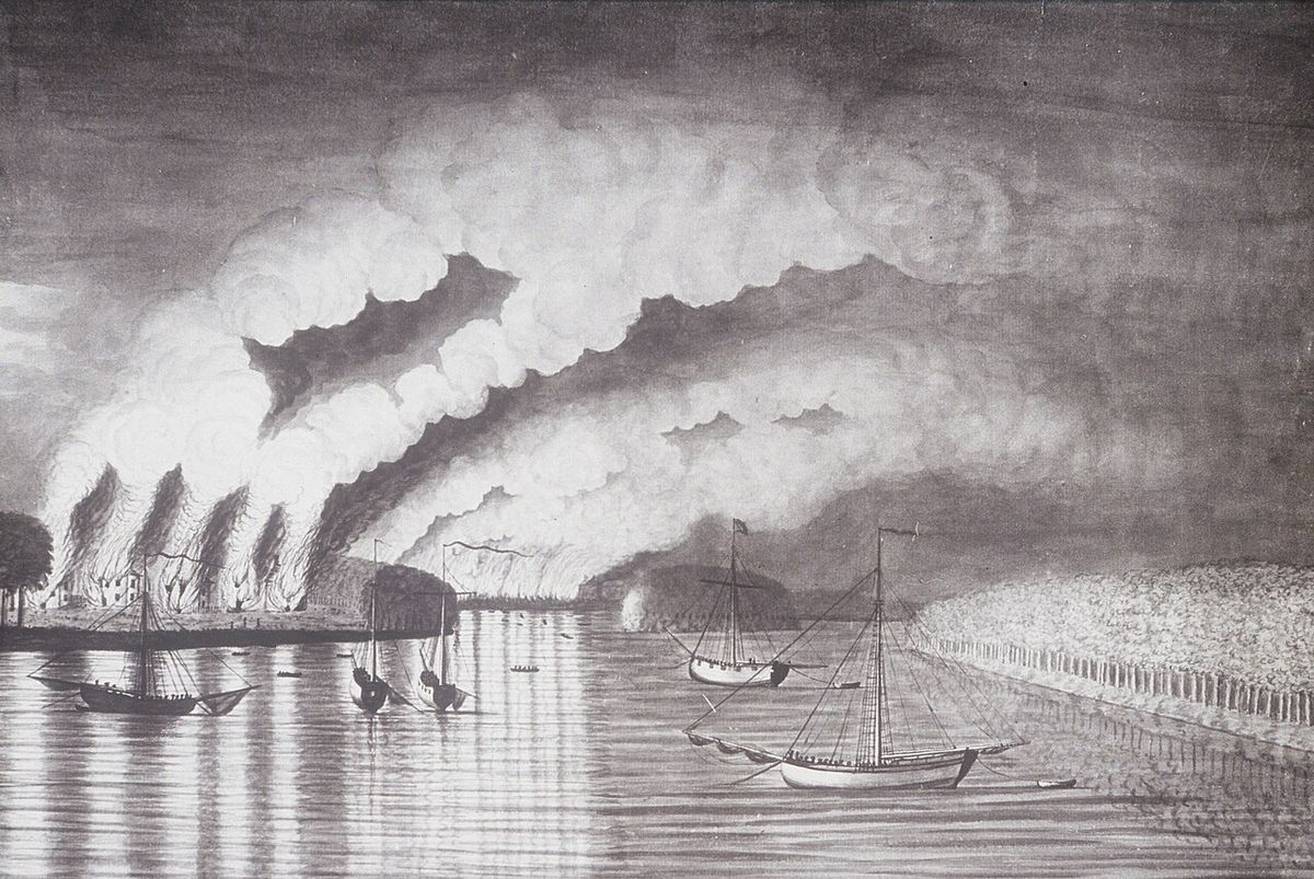 This is the only contemporaneous image of the Expulsion of the Acadians, showing the raid on Grimross (present-day Gagetown, New Brunswick).