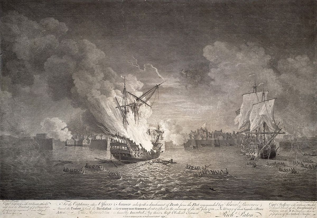 Engraving made by Canot after a painting by Richard Paton. Burning of the French ship Prudent (74 guns) and capture Bienfaisant (64 guns), d