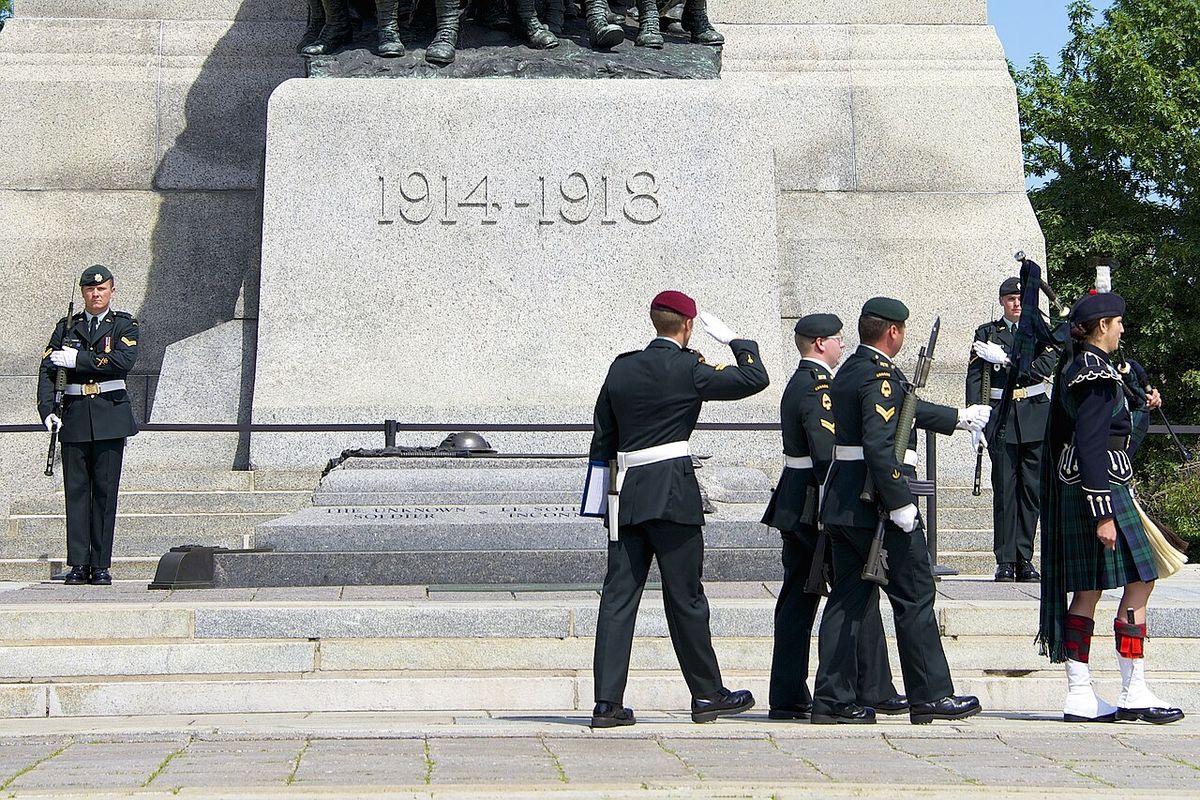 Soldiers of The Royal Canadian Regiment complete the change of the sentries at the Tomb of the Unknown Soldier at the foot of the National W