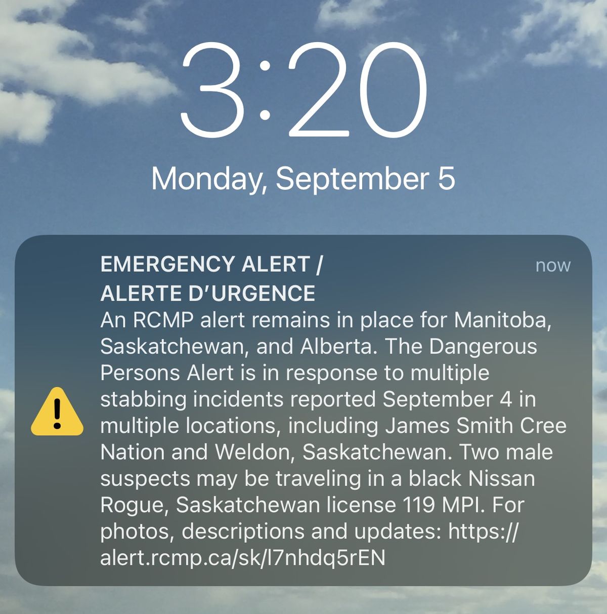 This is the emergency alert I received on my phone in Calgary during the manhunt for the perpetrators of the 2022 Saskatchewan stabbings.