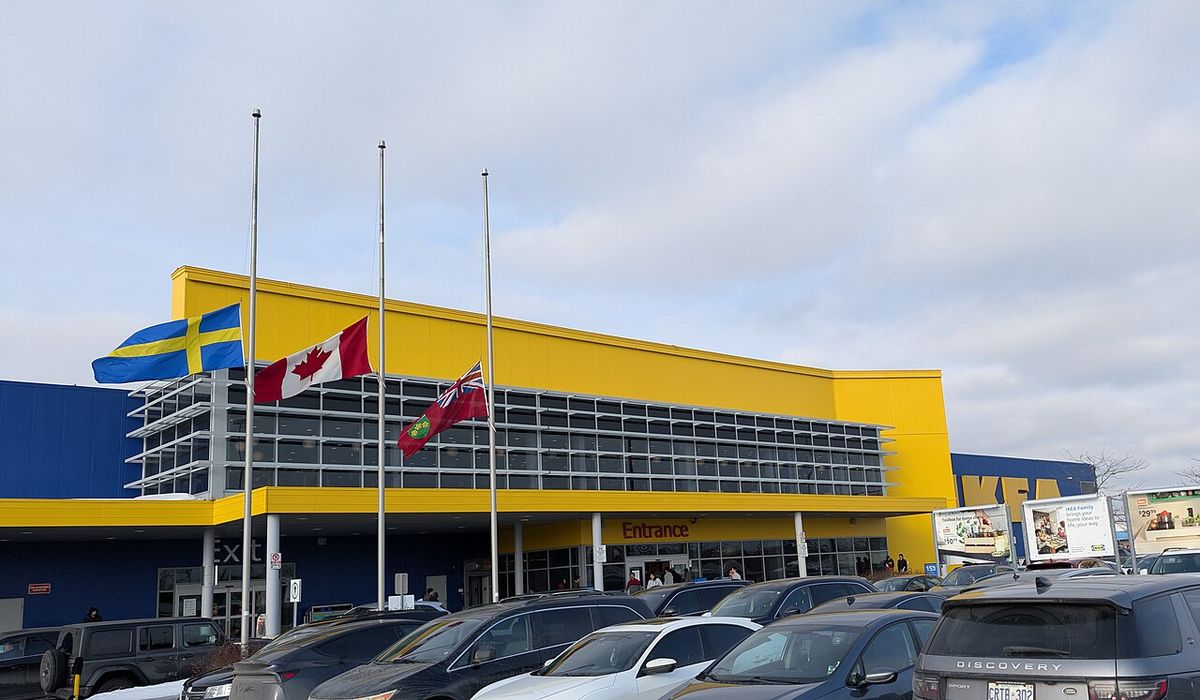 Flags at half-mast at IKEA in Etobicoke, Ontario following the 2026 Tumbler Ridge shooting