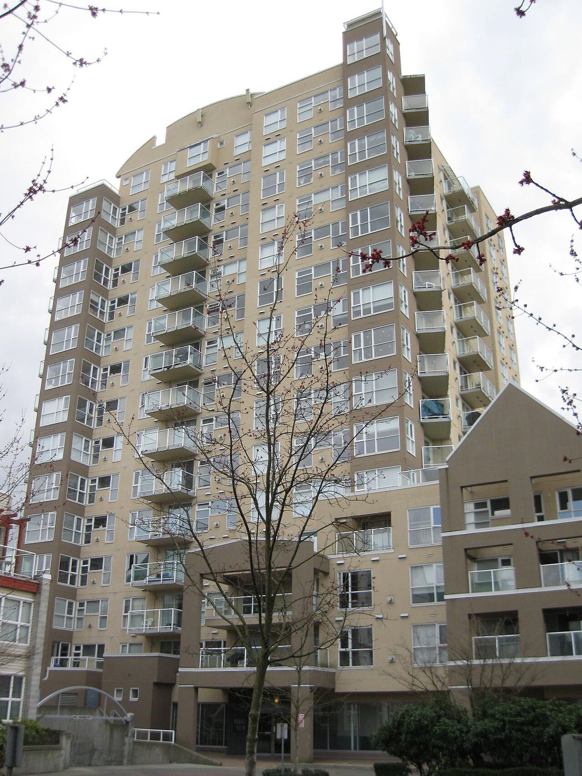 A view of the Balmoral (or King George Park) Tower High Rise condo building at 9830 Whalley Boulevard in Surrey, Canada. This building is lo