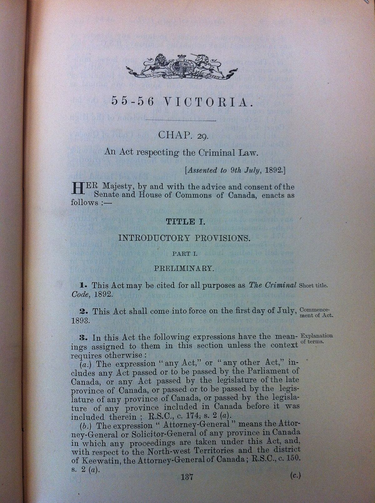 Picture of the first page of the Criminal Code, Statutes of Canada 1892, c. 29