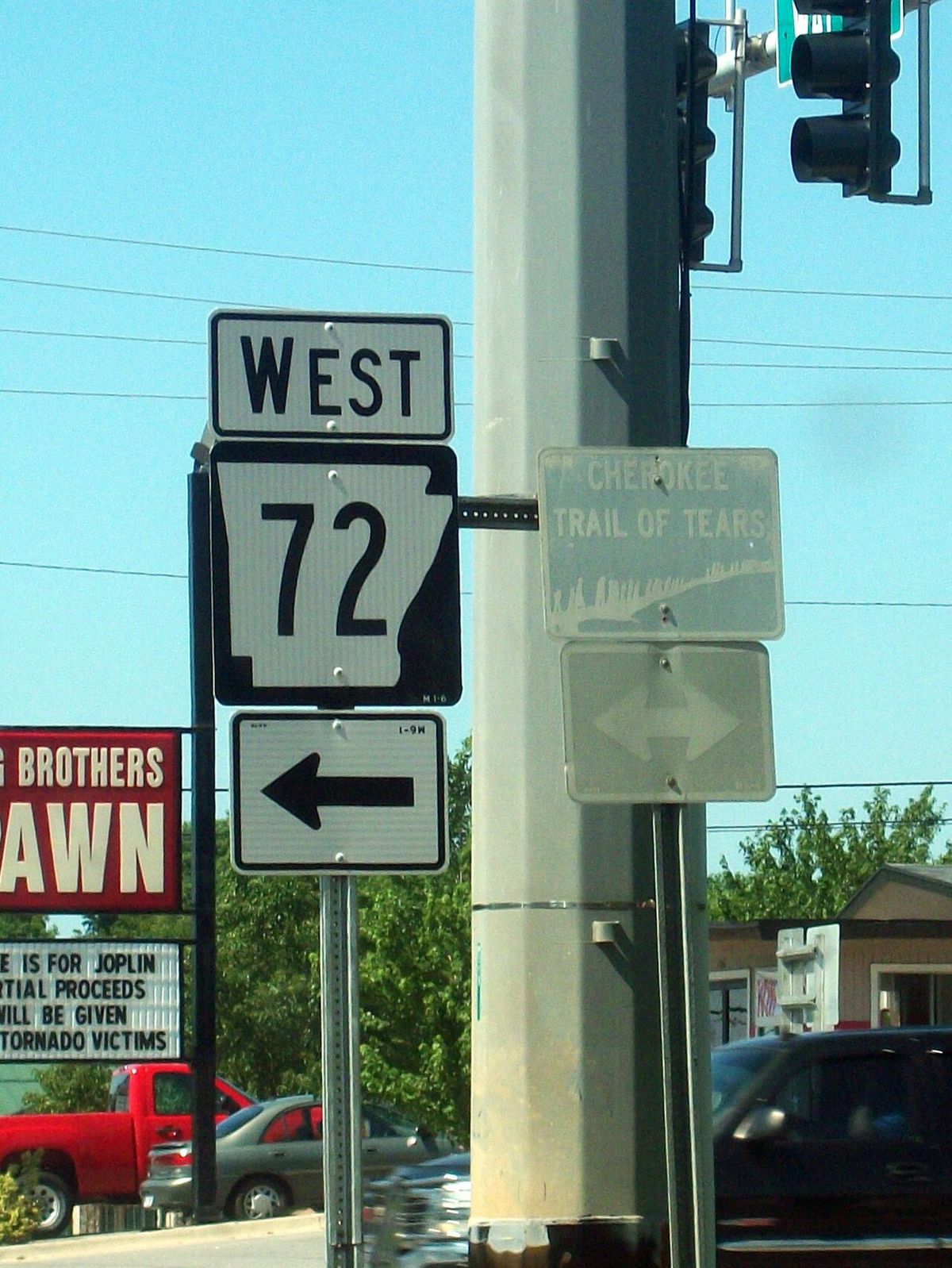 Highway 72 runs west in Bentonville, Arkansas. This route also runs with the Cherokee Trail of Tears. The Bentonville town square is east of