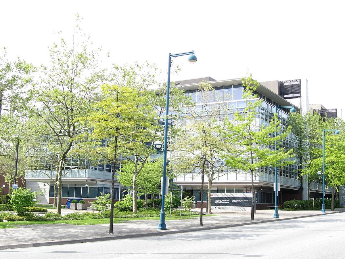 A view of the imposing Canada Revenue Agency's Burnaby-Fraser Tax Services office located within the Surrey Tax Centre. Its street address i