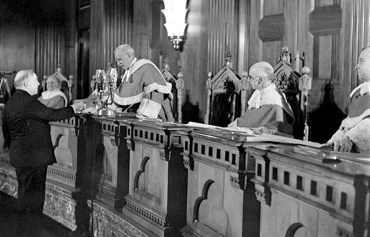 Photograph taken during the first Canadian citizenship ceremony in the Supreme Court building in Ottawa on January 3, 1947. During this cere