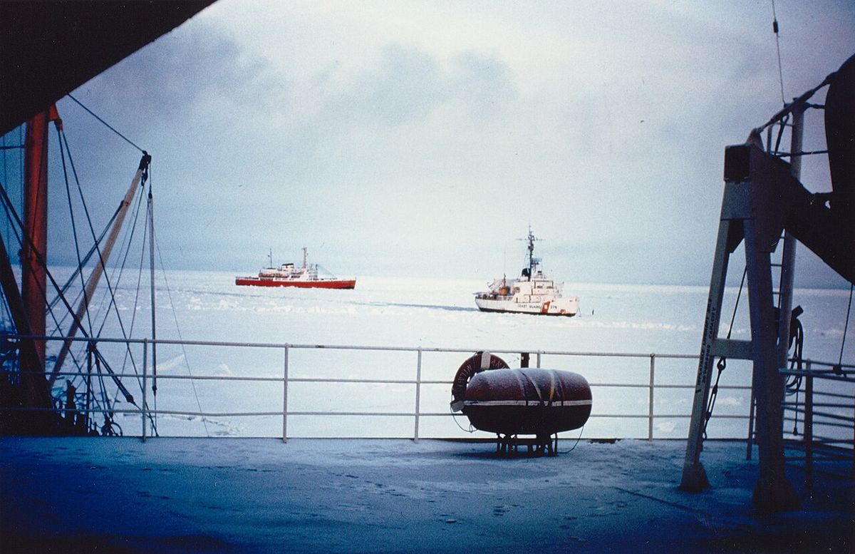 No caption; no date listed; no photo number; photographer unknown. USCGC Staten Island (WAGB-278) and Canadian icebreaker CCGS John A. MacDo