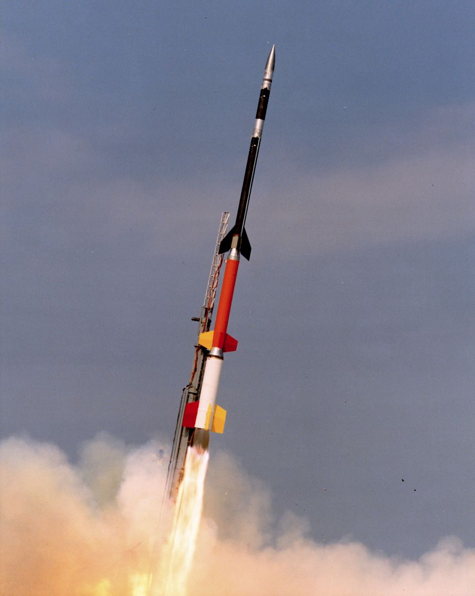 Black Brant 12 sounding rocket, launching from Wallops Flight Facility. See this site for more information about the Black Brant 12.