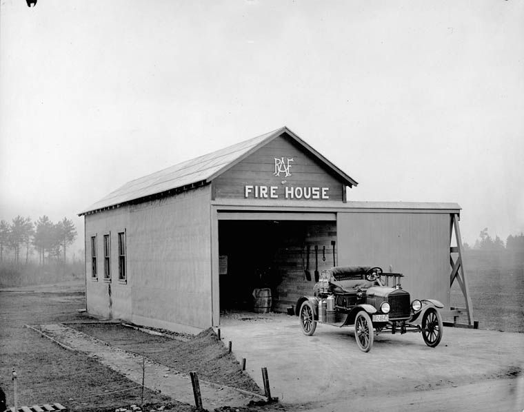 Royal Canadian Air Force fire house, Camp Borden, Ontario. Photograph taken circa 1914-1919.