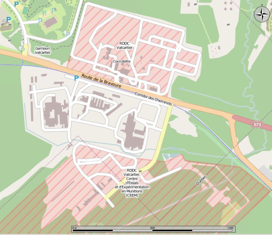 CFB Valcartier shown on an Open Street Map. Zoomed to show the main buildings. Self-made by the uploader with Marble and cropping with GIMP.