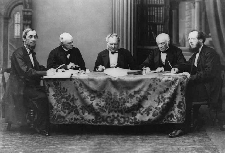 Photograph, Commission to codify the laws of Lower Canada in civil matters, Québec, Lower Canada, about 1865. Silver salts, paint (retouchin