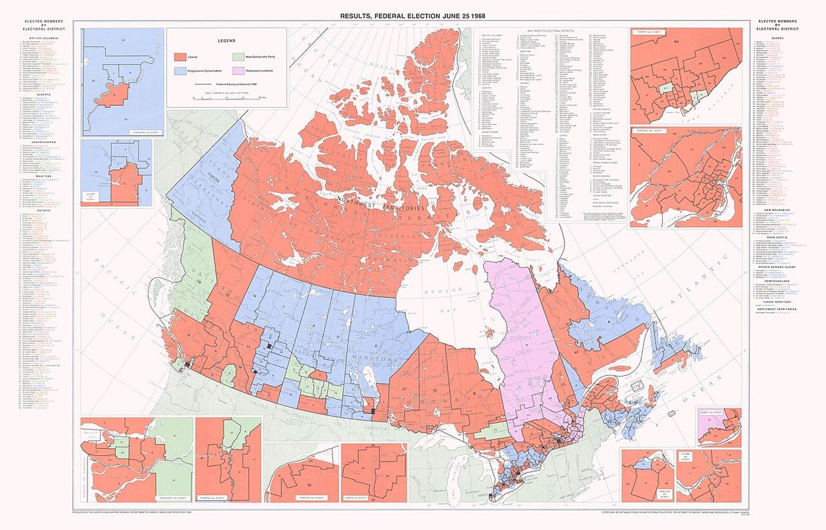 Contained within the Federal Elections, 1968 to 2001, Atlas of Canada series, is a map that shows the results of the federal election on Jun