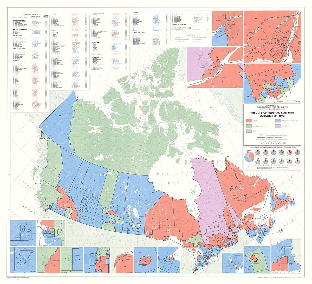 Contained within the Federal Elections, 1968 to 2001, Atlas of Canada series, is a map that shows the results of the federal election on Oct