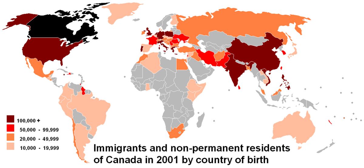 Country of birth of "immigrants and non-permanent residents" in Canada in 2001 Census