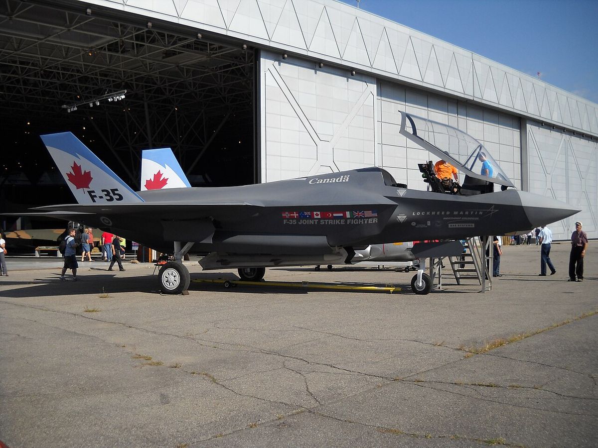 A wooden mock-up of the Lockheed Martin F-35 Lightning II in Canadian Forces markings at the Classic Air Rallye, Canada Aviation and Space M