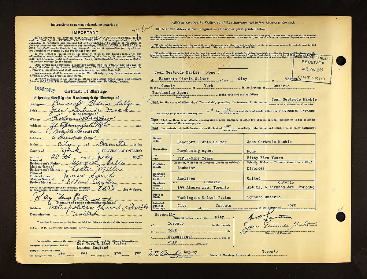 Bancroft Oldrin Salter (1876-1960) marriage certificate