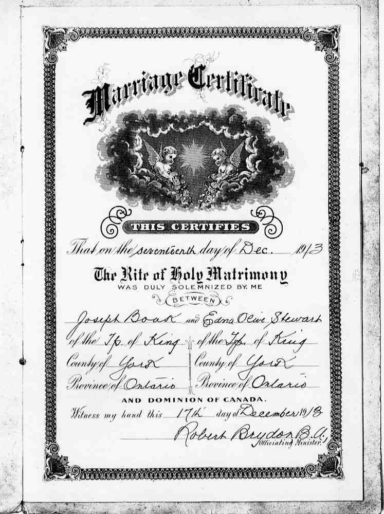 Marriage certificate of Joseph Boak and Edna Olive Stewart, officiated by Robert Brydon. King, Ontario, Canada. Note: source states 1918, bu