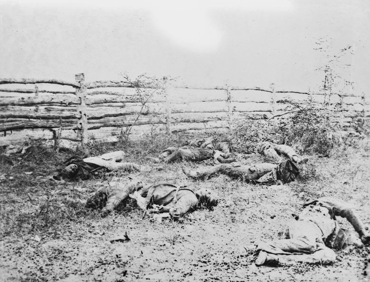 Confederate soldiers on the Antietam battlefield as they fell inside the fence on the Hagerstown road, September 1862