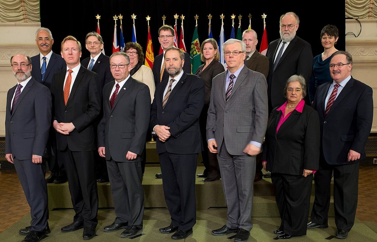 Leaders of the New Democratic Party of Canada at both the federal and provincial level. From left to right, top: Dennis Bevington (MP for We