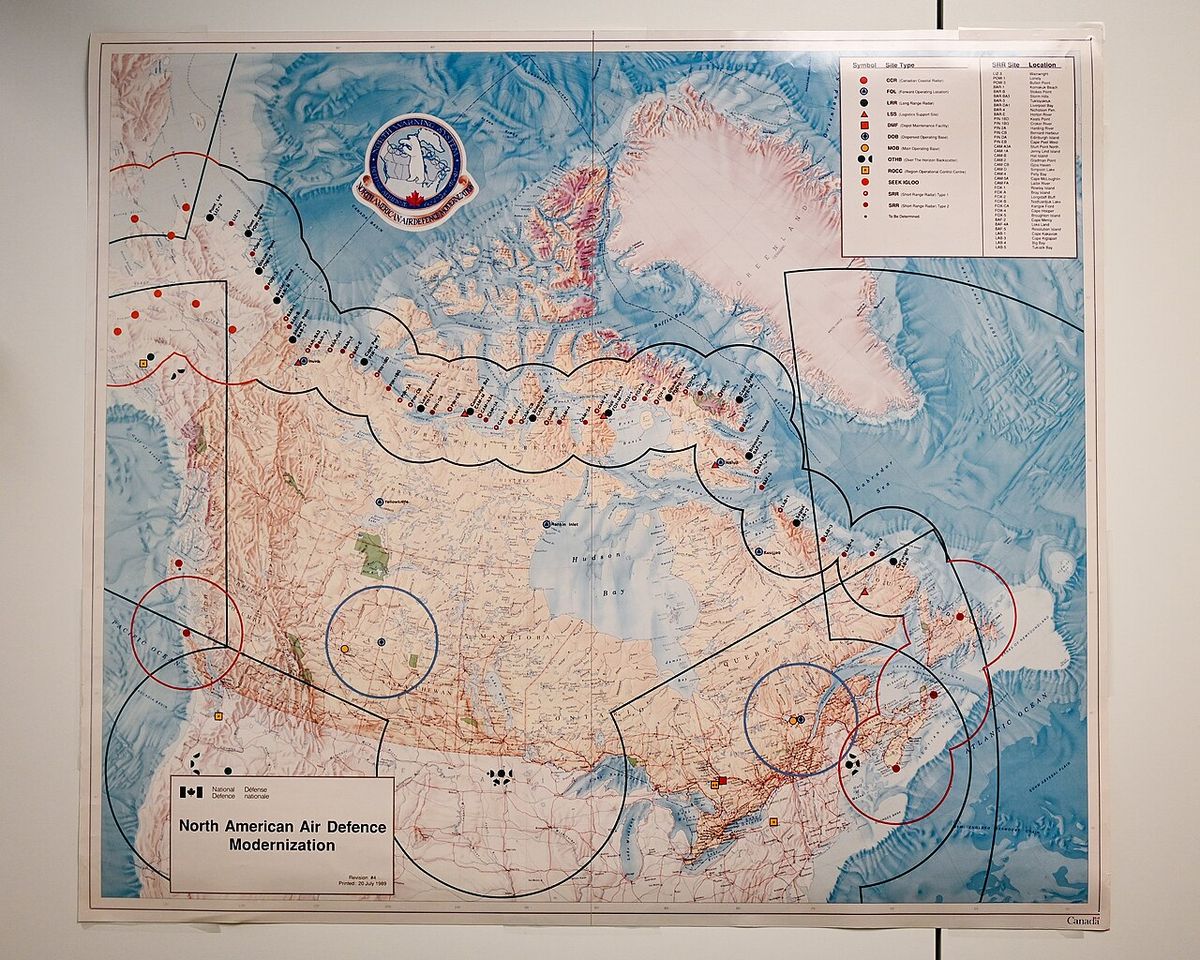 An old map of the chain of radar sites within the North Warning System rests on a wall at Ottawa, Canada, Jan. 14, 2025. The NWS is a radar 