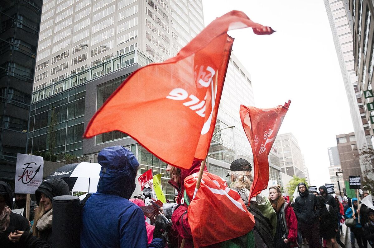 Drapeaux de Québec Solidaire lors d'une manifestation (Montreal, 2015)