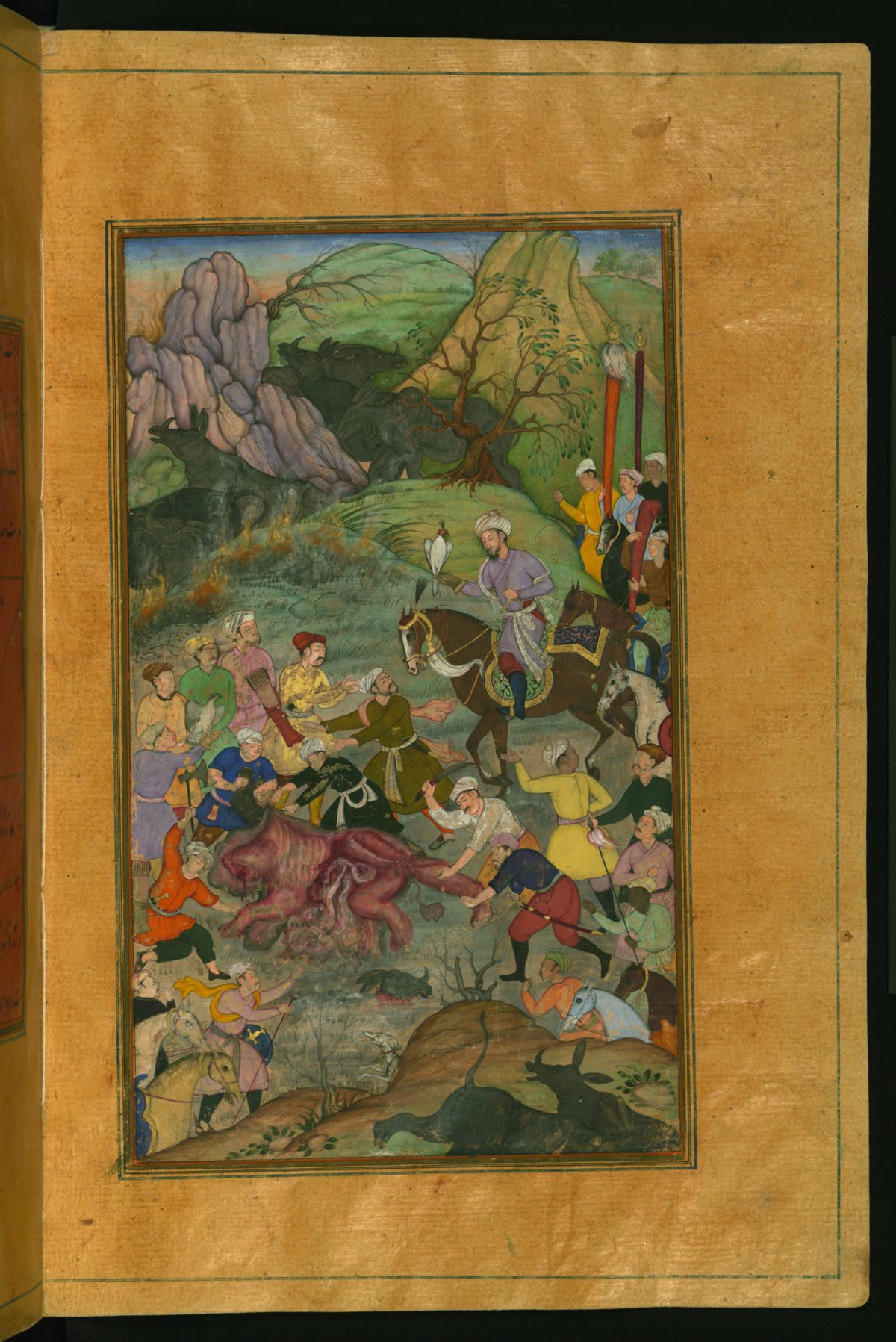 In this folio from Walters manuscript W.596, Babur is depicted with his party hunting for rhinoceros in Swati.