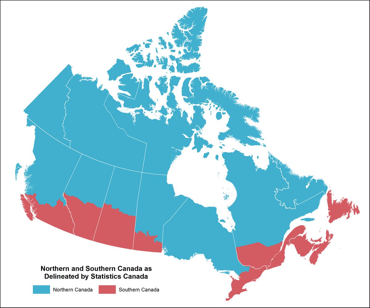 This is an illustration of how Statistics Canada (StatCan) delineates the limits of northern and southern Canada. StatCan's source map is fo
