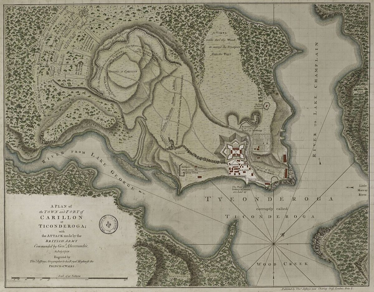 This is a period map showing the forces arrayed at the Battle of Carillon at Fort Ticonderoga (then known as Fort Carillon) in 1758. It is c